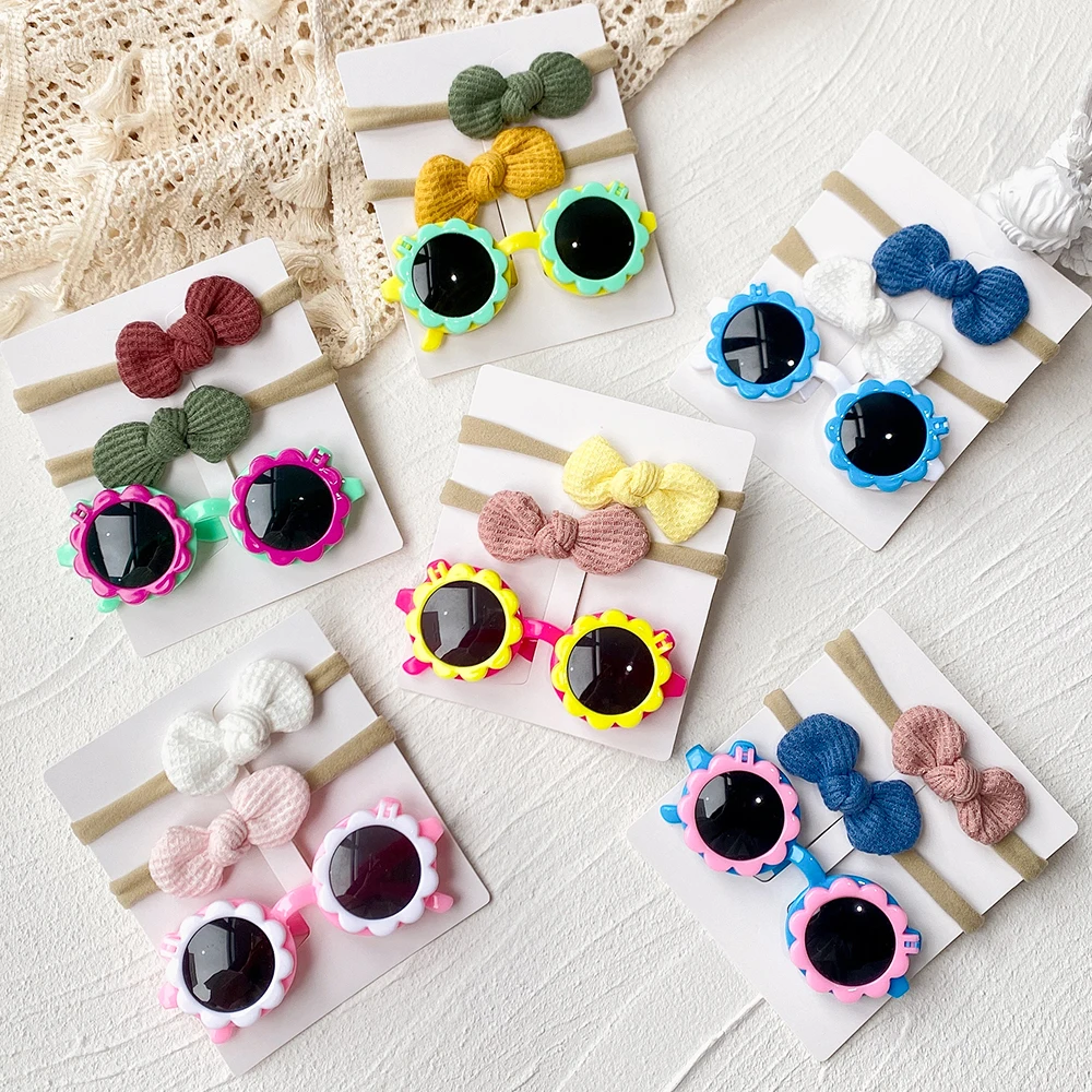 

3Pcs/set Baby Bows Headband Flower Sunglasses Girls Beach Photography Props Toddler Hair Bands Headwear Kids Hair Accessories
