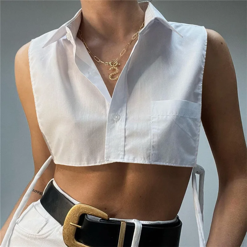 

Summer New Women's Shirt T-Shirt Fashion Lapel Single-Breasted Top Solid Color Sexy Hollow Short Cropped Navel T-Shirt