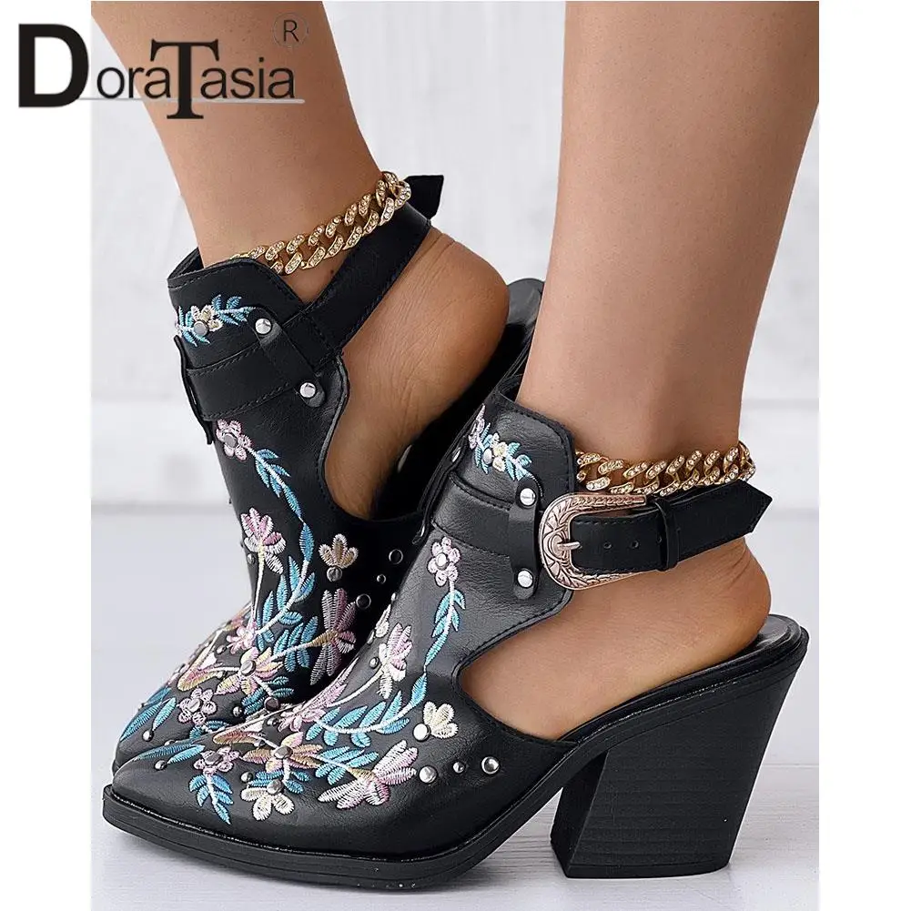 Brand New Ladies Pointed Toe Slingback Pumps Fashion Buckle Embroider Flower Chunky High Heels women's Pumps Party Woman Shoes