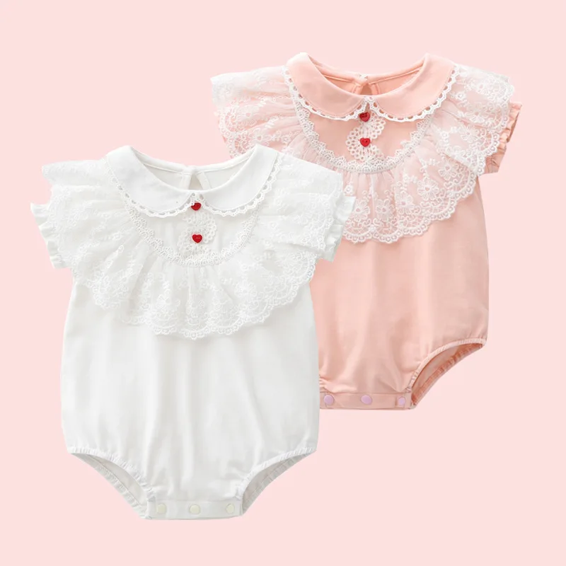 

2022 New Summer Cute Lace Collar Baby Girls Short Sleeve Rompers Newborn Infant Cotton Clothes Baby Girls Rompers Sweet 0-24M