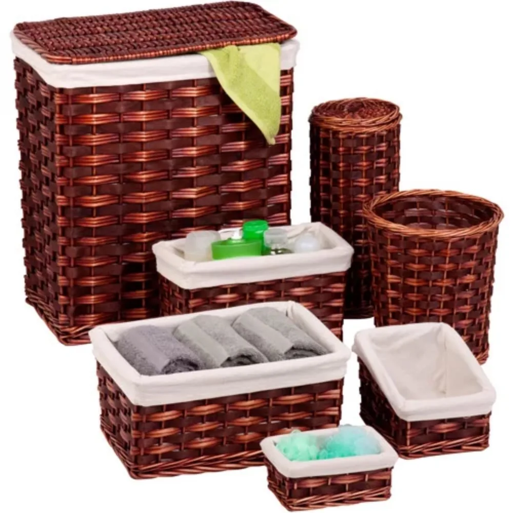 

7-Piece Wicker Laundry Hamper and Bath Combo Set, Chocolate Brown