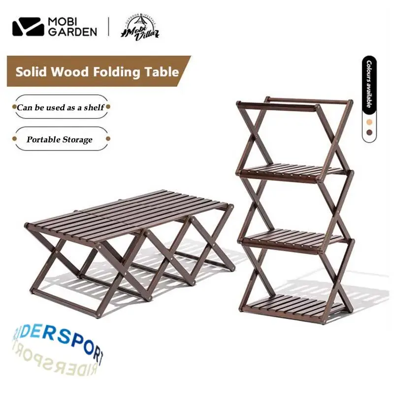 

MOBI GARDEN Outdoor Camping Folding Table Portable Solid Wood Storage Table Nature hike Camping Table Multi-layer Storage Rack