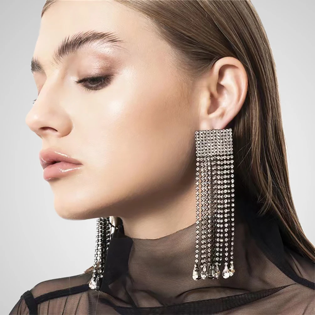 

Long Rhinestone Tassel Earrings Luxury Crystal Drop Dangle Earrings For Women Statement Jewelry Fashion Accessories 2023