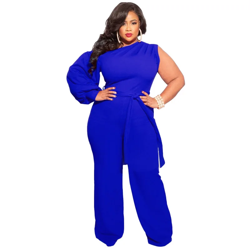 Plus Size Office Lady Jumpsuit for Women One Shoulder Lace Up Wide Leg Pants One Piece Elegant Night Party Club Romper 2022 Wear
