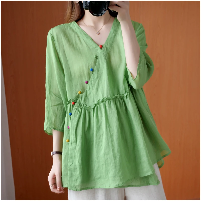 

Oversized Loose Cotton Linen Women Shirts 2022 Summer New V-Neck Short-Sleeved Loose Casual All Match Female Pulls Outwear Tops
