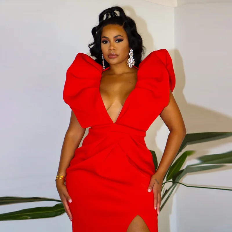 Elegant Ruffles Shoulder Deep V Neck Backless Evening Prom Long Dress Women Outfit Vestidos Sexy High Split Party Club Dresses