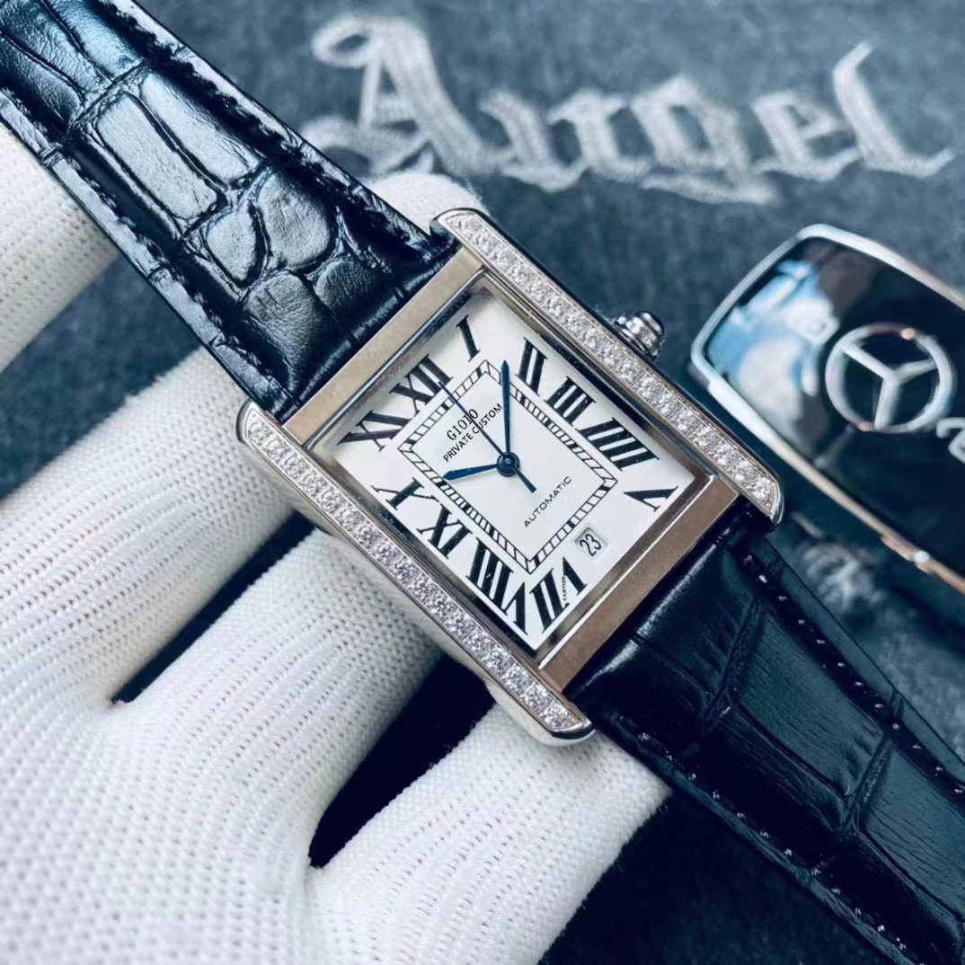 

automatic mechanical men watch diamonds black leather