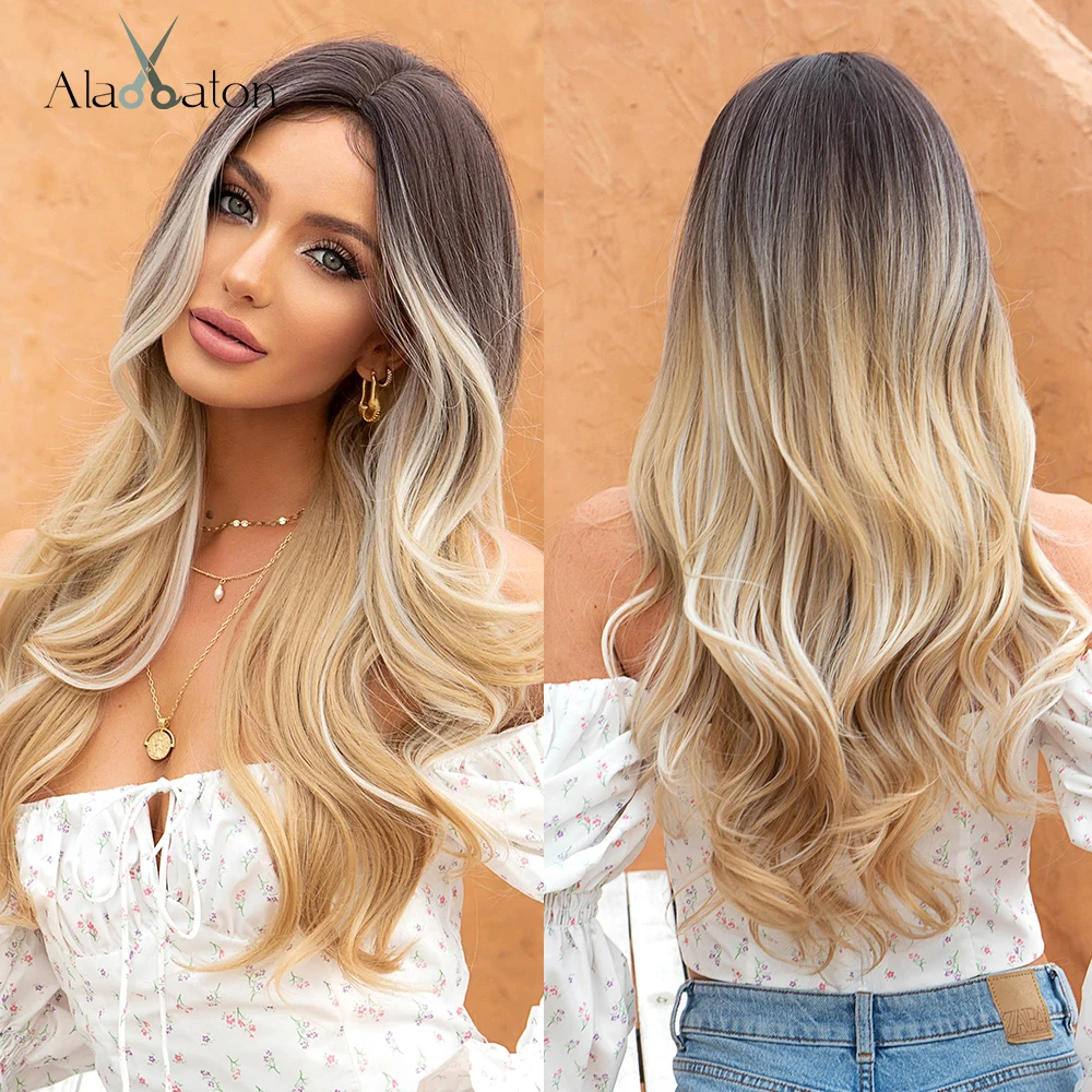 ALAN EATON Long Natural Wave Synthetic Wigs for Women Ombre Dark Brown to Golden Blonde Highligth Wig Middle Part Heat Resistant