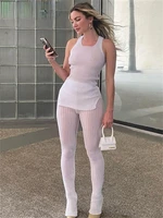sexy see through knitted two piece sets women outfits casual sleeveless long topskinny pants solid slim lady streetwear