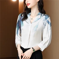 2022 acetate satin women clothing summer button up shirts for office lady polo neck three quarter korean fashion casual blouses