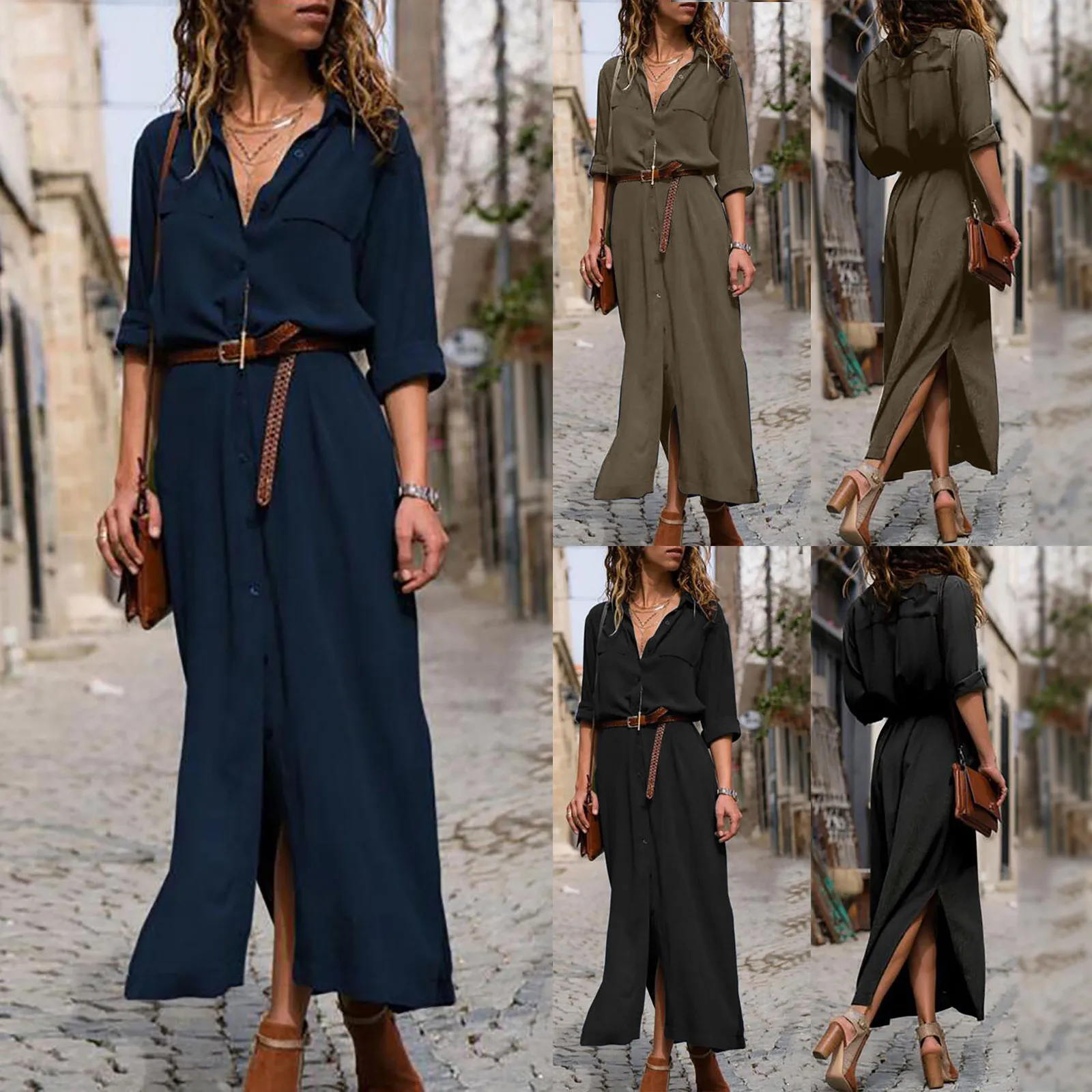 

Женское платье на пуговицах, длинное однотонное платье в европейском и американском стиле с длинным рукавом, лето 2022