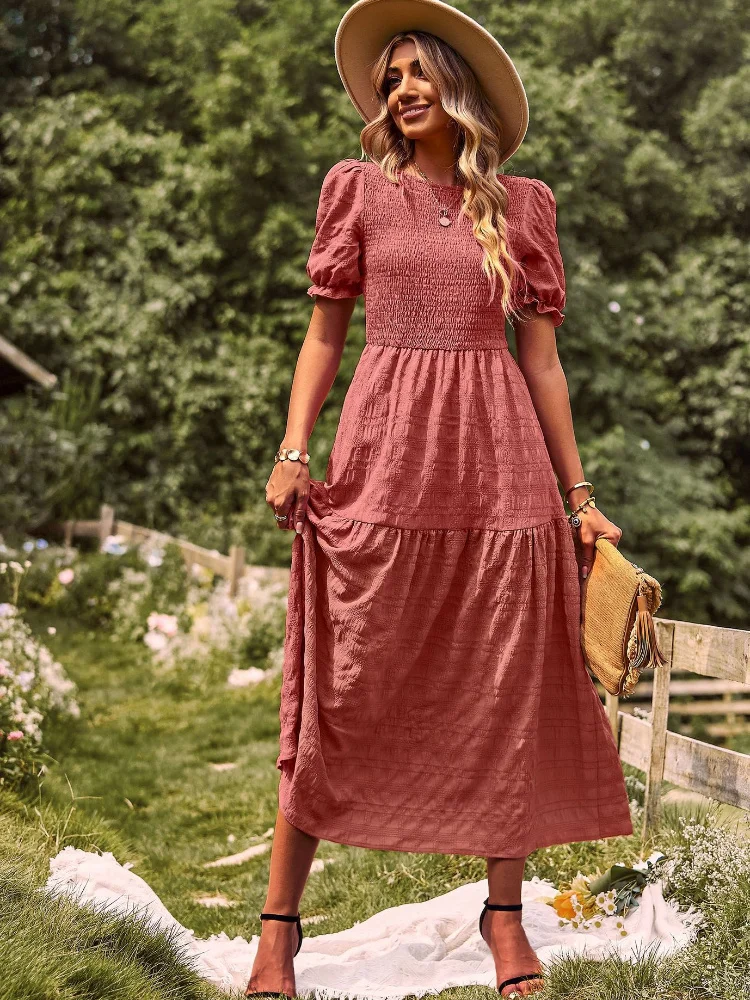 

Женское шифоновое платье с круглым вырезом, коротким рукавом-фонариком