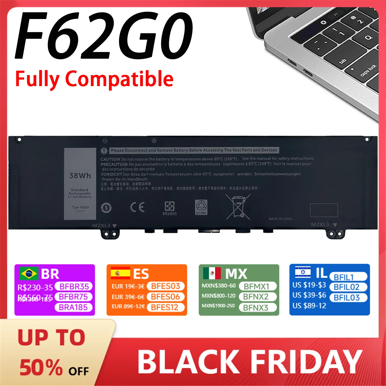 Аккумулятор для ноутбука F62G0 литий-ионные батареи F62g0 11 4 в 38 Втч 3330 мАч Dell Inspiron 13 7000