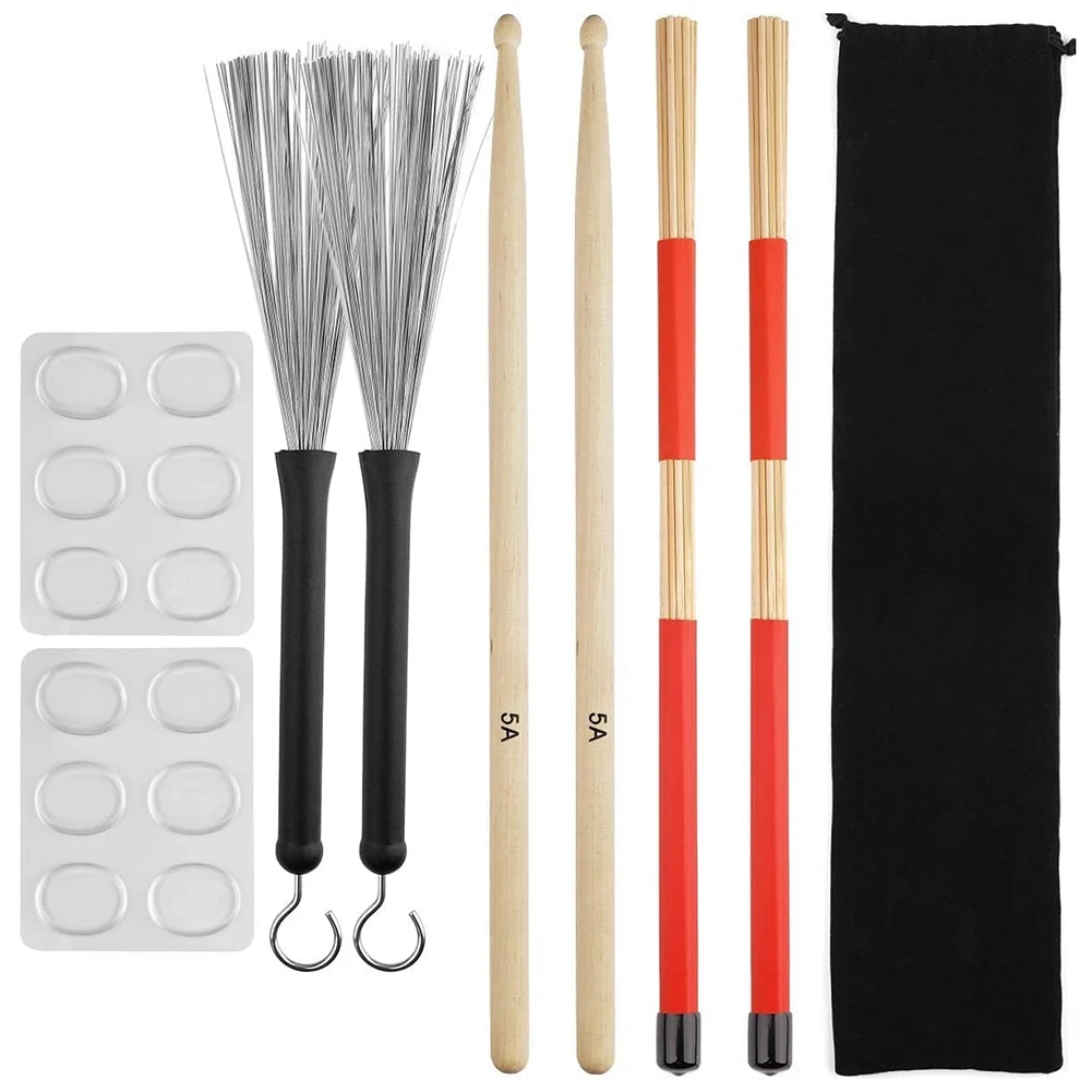

Drum Sticks Set5A Maple Wood Drum SticksDrum Rods BrushesRetractable Drum Wire BrushesDrum Dampeners with Bag