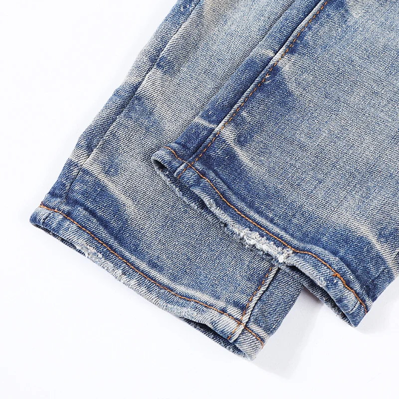Street Fashion Men Jeans Retro Blue Destroyed Hole Elastic Stretch Skinny Ripped Jeans Men Patched Designer Hip Hop Brand Pants