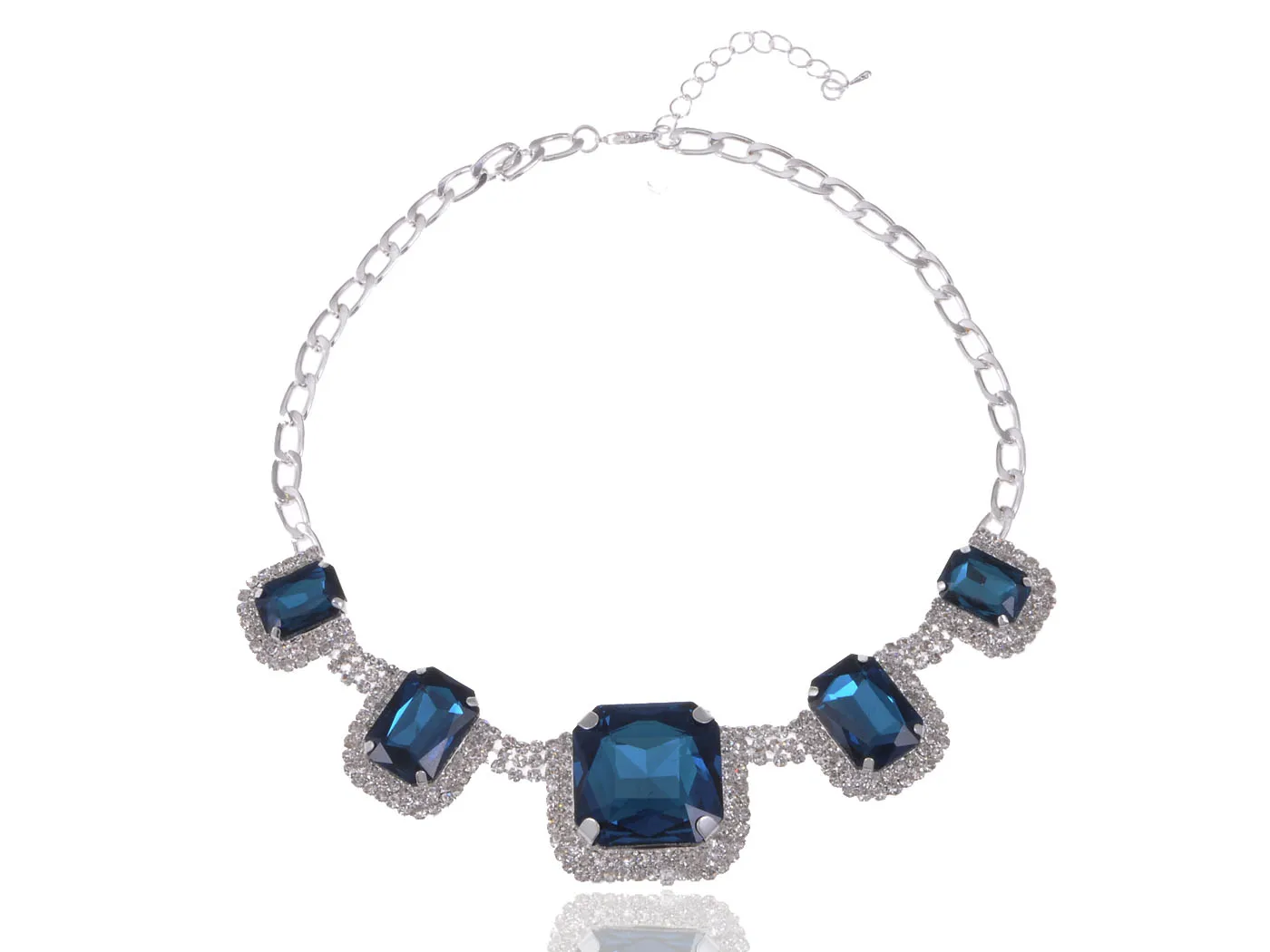 

Silvery Tone Royal White Rhinestone Square Blue Bead Fashion Necklace