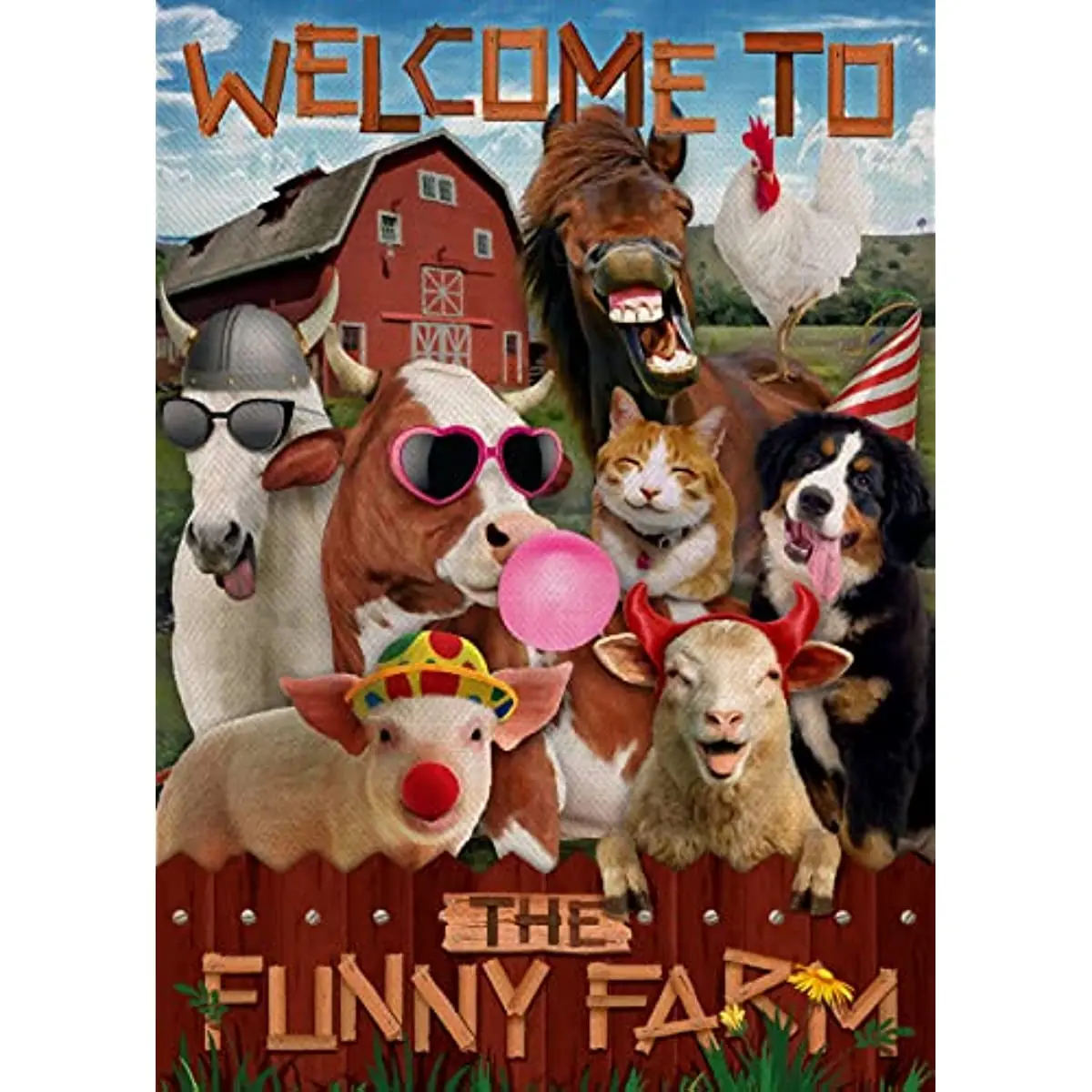 

Welcome to the Funny Farm Spring Barn Horse Cow Cat Dog Decorative Garden Flag, Cock Sheep Pig Animal House