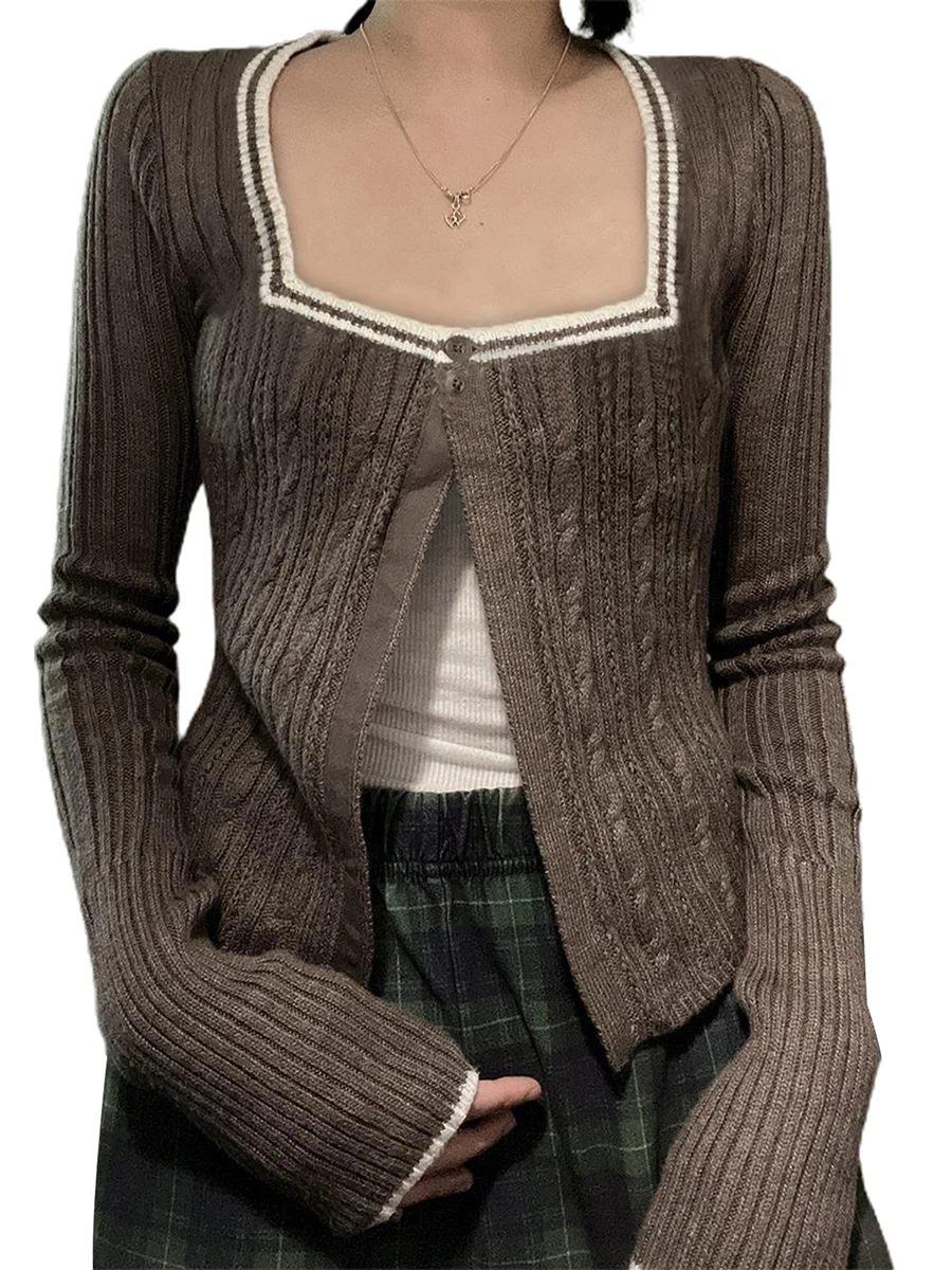 

Caoirhny Women s Spring Autumn Knitted Sweater Long Sleeve Square Neck Ruched Patchwork Knitwear Single Button Cardigans