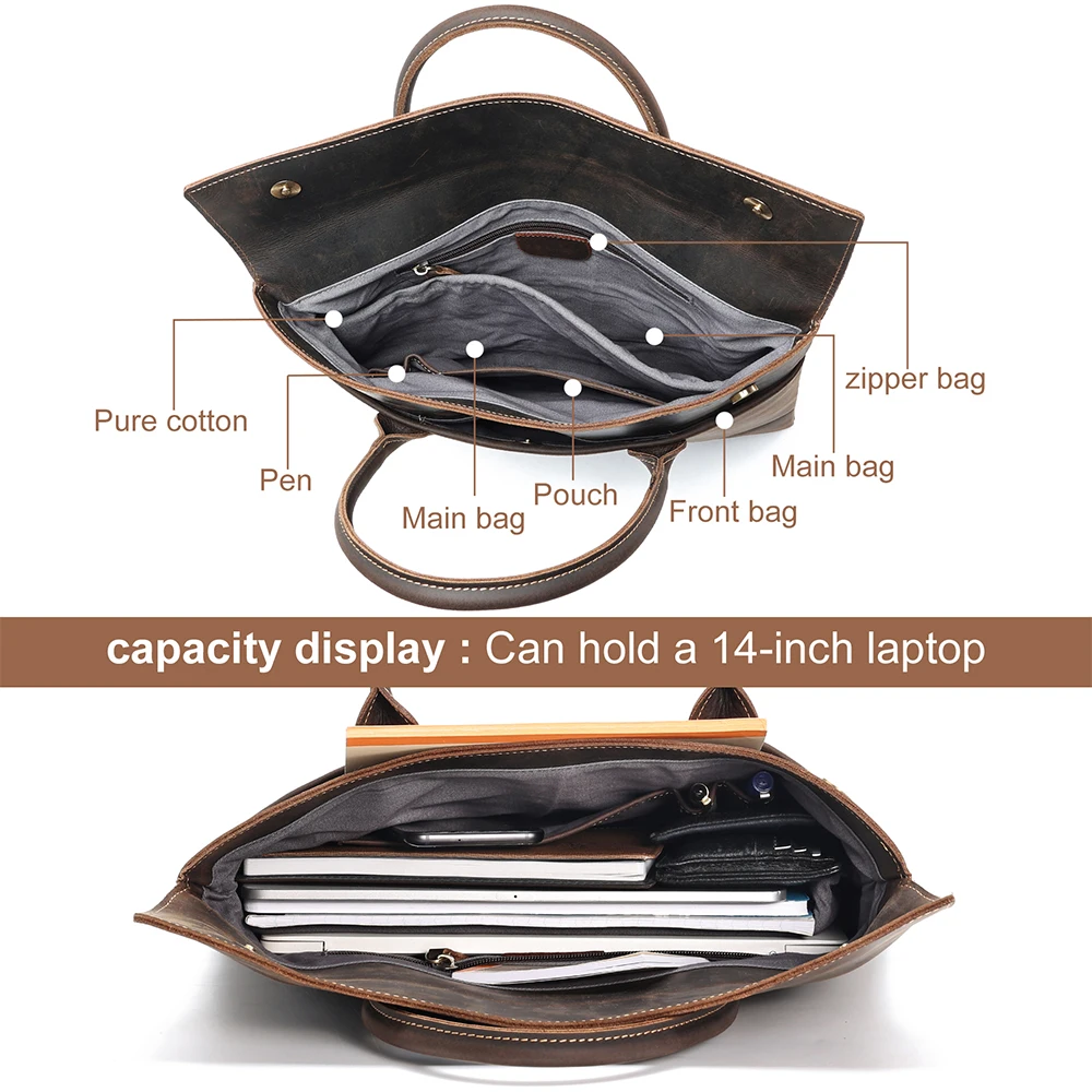 Винтажный деловой портфель из натуральной кожи Crazy Horse коричневого цвета с