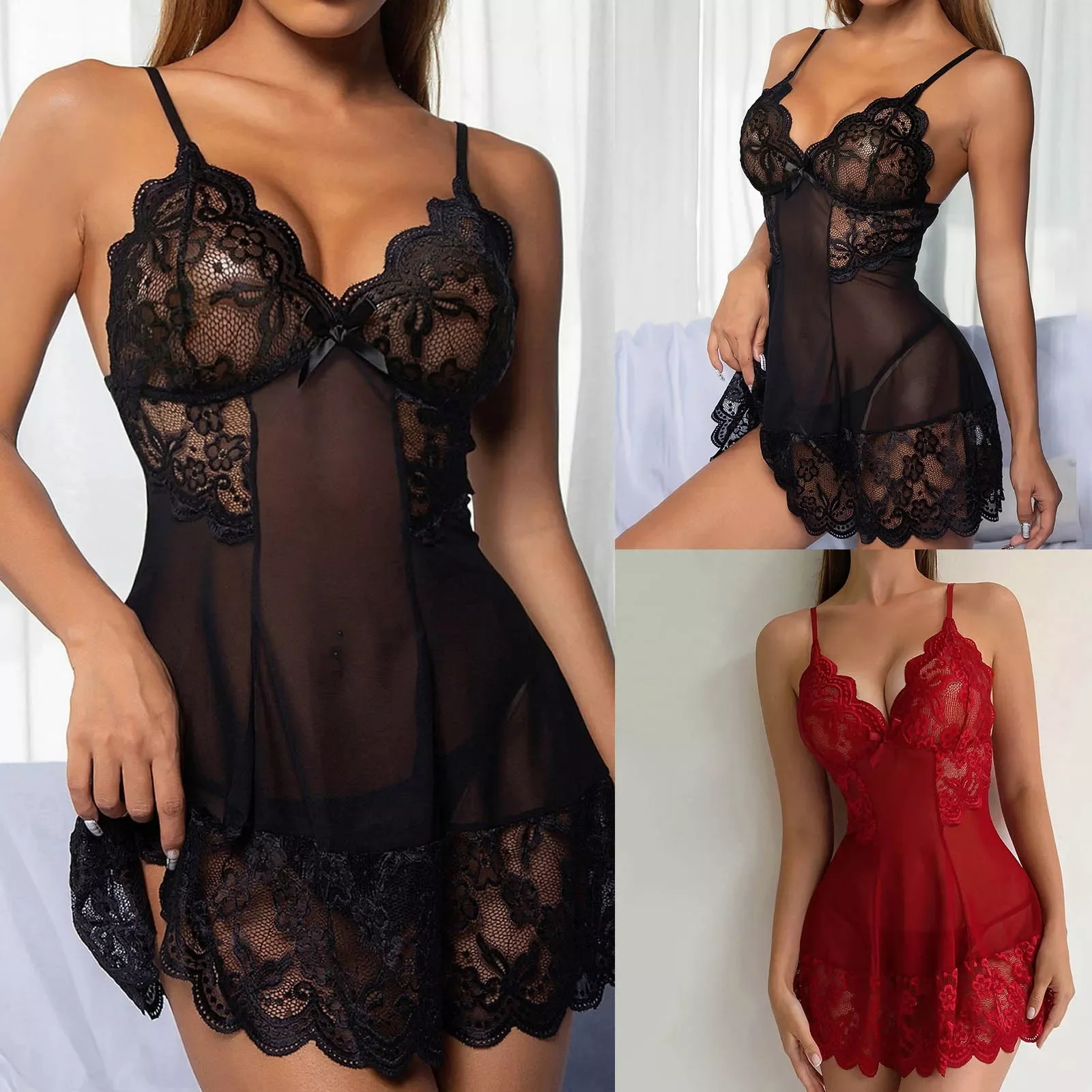 

flower v-neck Women Fashion Floral Lace Scallop Trim Slip With girl Thong Costumes Red Lace Lingerie female Jumpsuits