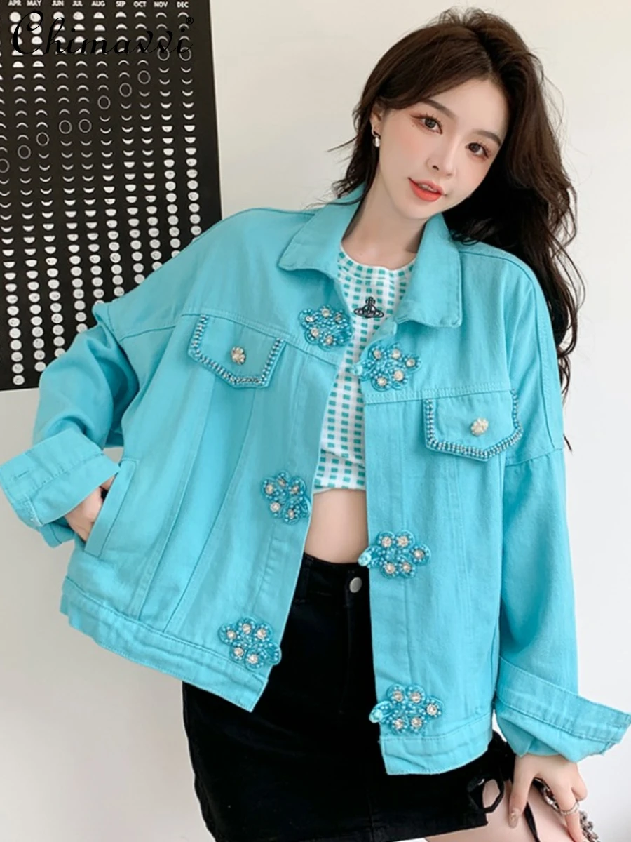 

Colorful Women 2022 Spring Fall Korean Style Fashion Denim Jacket Ladies Elegant Loose Pearl Chinese Knot Button Trendy Ins Coat