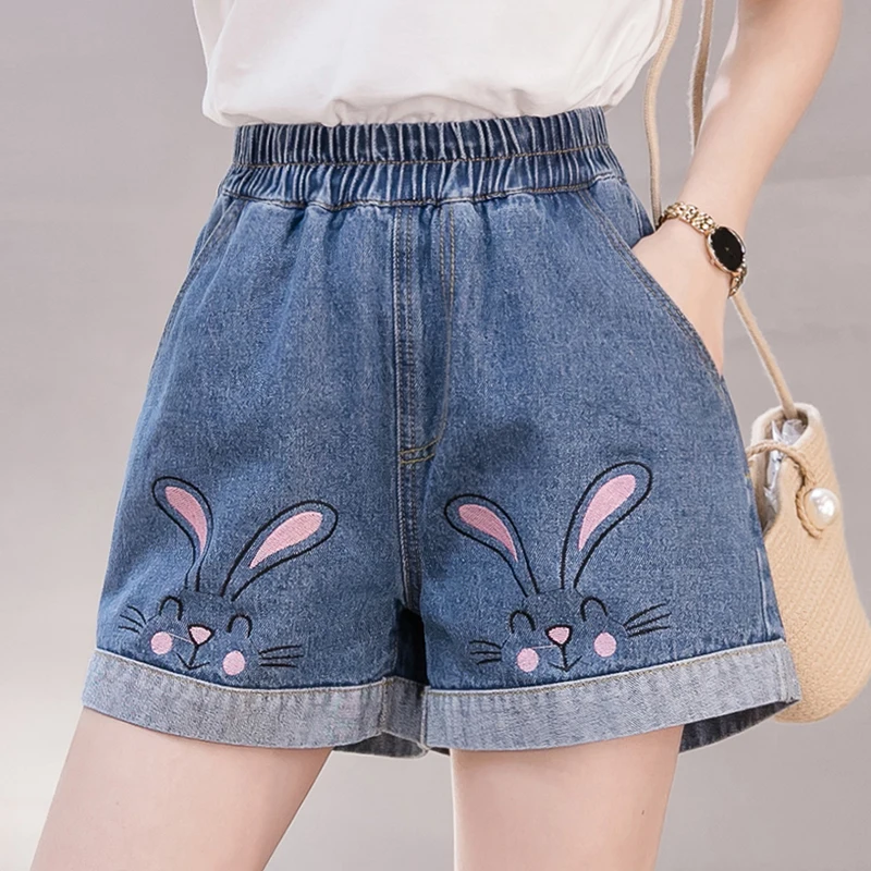 New 2023 Summer Casual Denim Shorts Female Loose Plus Size Women Kawaii Sweet Cute Rabbit Embroidery Shorts Jeans Elastic Waist