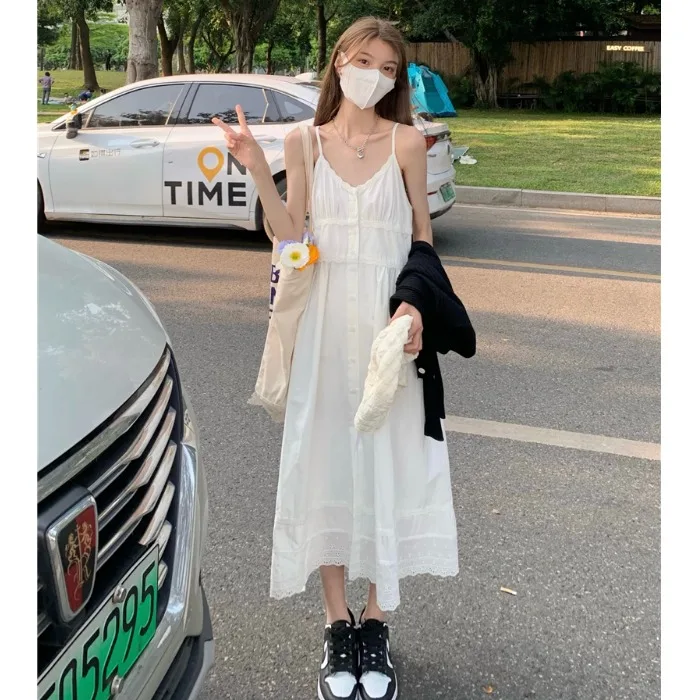 

White Suspender Dress Women's Summer 2022 New French Style Mid Length Skirt Za Fashion Vestido Frock Clothes Vintage Sundress