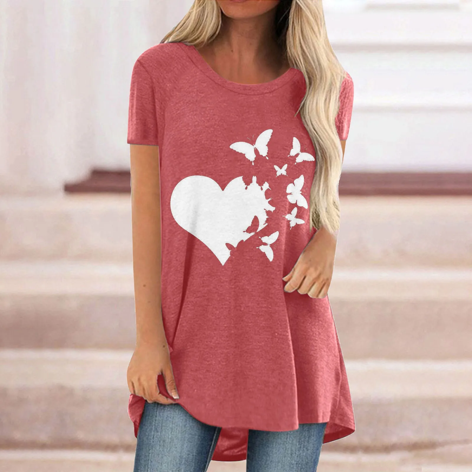 

Summer Womens Shirts Short Sleeve Crew Neck Floral Petal Printed T Shirt Top Casual Loose Comfy Shirts Ladies Streetwear Blouse