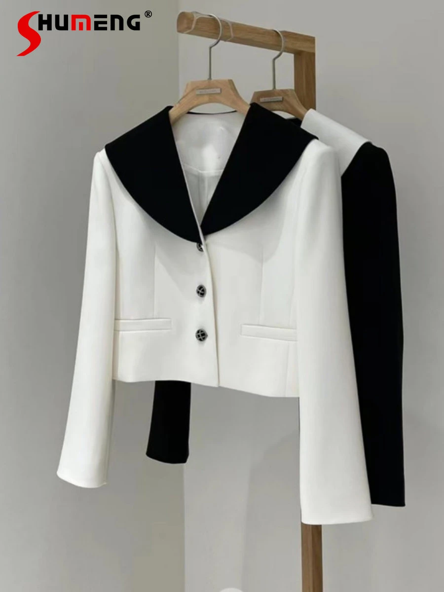 Short Sailor Collar Simple Color Matching Coat Elegant Spring Autumn New Style Small Design Sense Long Sleeve Jacket for Women
