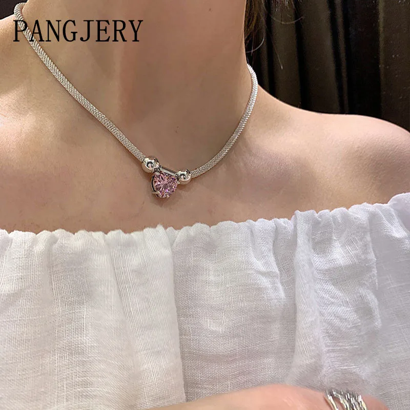 

PANGJERY 925 Stamp Pink Heart Necklace for Women Charming Exquisite Trendy Design Shiny Temperament Party Jewelry Gift