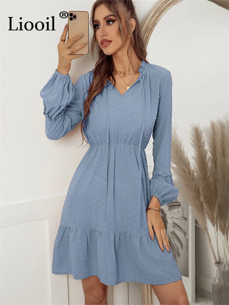

Liooil Women Jacquard Ruffle Sexy Midi Dress Big Swing 2022 New Streetwear Long Sleeve High Waist Leisure Holiday Black Dresses