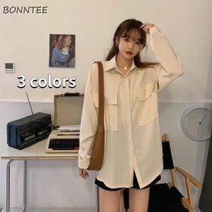 Shirts Women Autumn Loose Pockets Solid 3 Colors Casual Design Colorful Turn Down Collar Elegant Aes in Pakistan