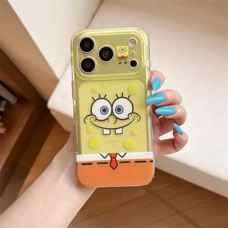 Фото Противоударный чехол для iPhone 15 16 17 Pro Max в корейском стиле с мультяшными персонажами Губка Боб и Патрик Стар, желтый, с выражением лица №5