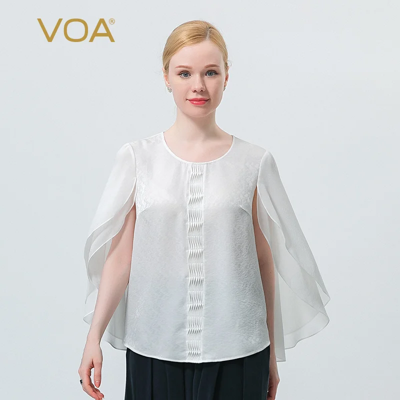 

VOA, 100% натуральный шелк, жаккард, модные, плиссированные, элегантные, белые топы для женщин, круглый вырез, уличная одежда, весна/лето, большие...