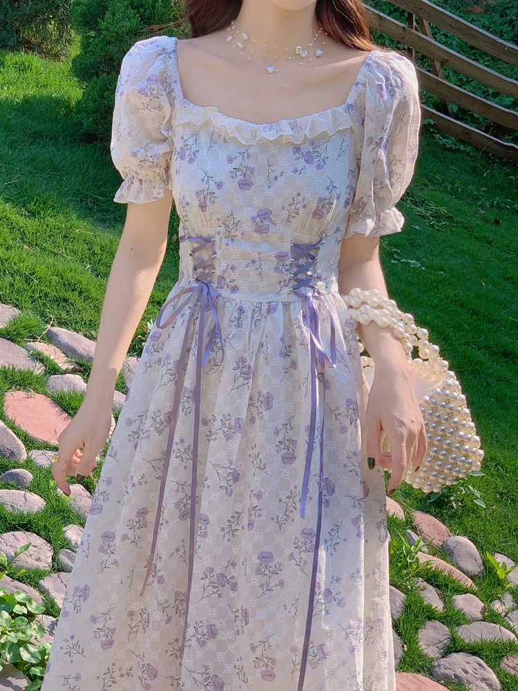 

Summer bandage Floral Dress Women Casual Holiday Beach Boho Party Midi Dress Female Korean Fashion Retro Print Sweet Dress 2022