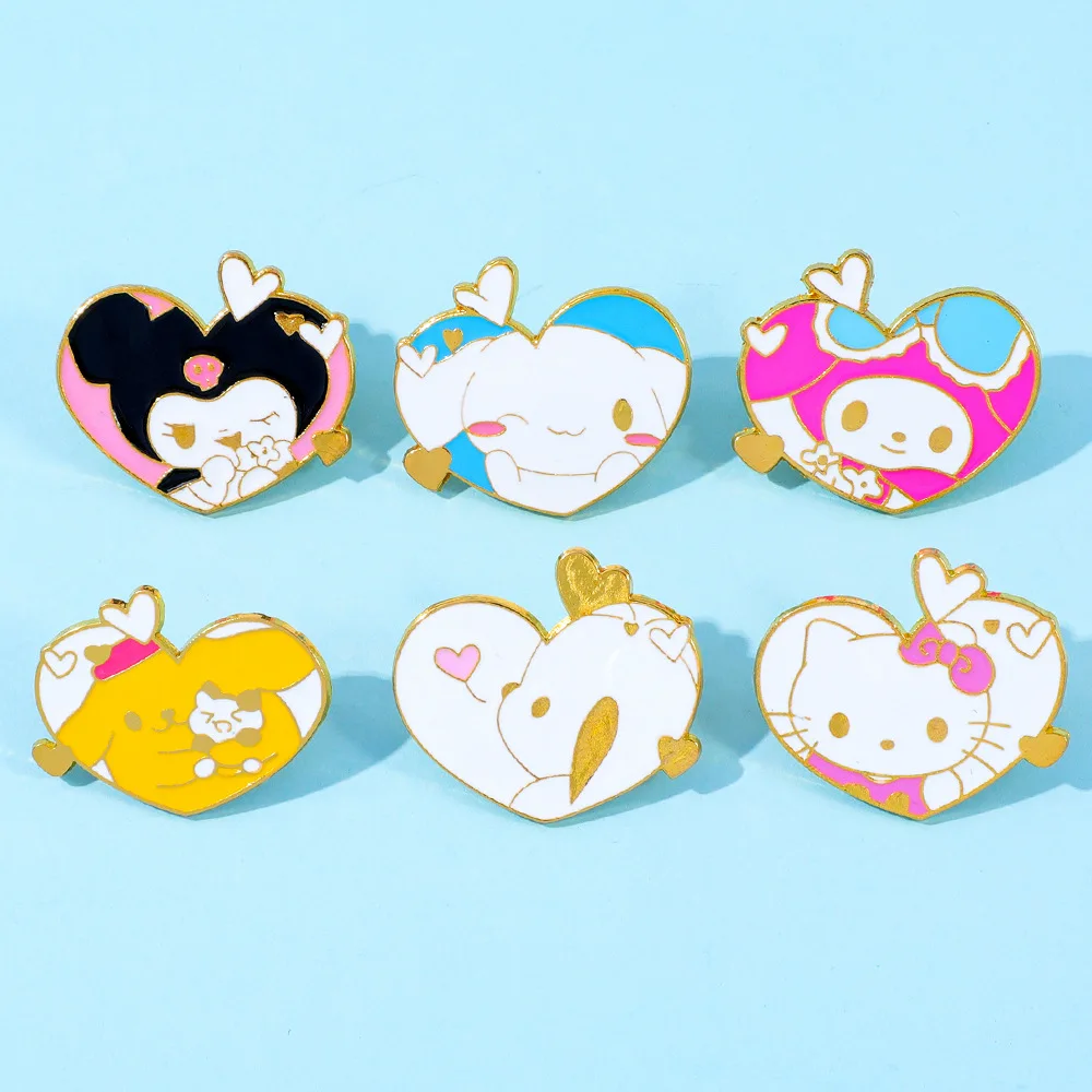 Фото Милый мультяшный мягкий металлический значок Sanrio с сердечком: Куроми, Май Мелоди, Синаморолл. Модная брошь из сплава в стиле Y2K. №1