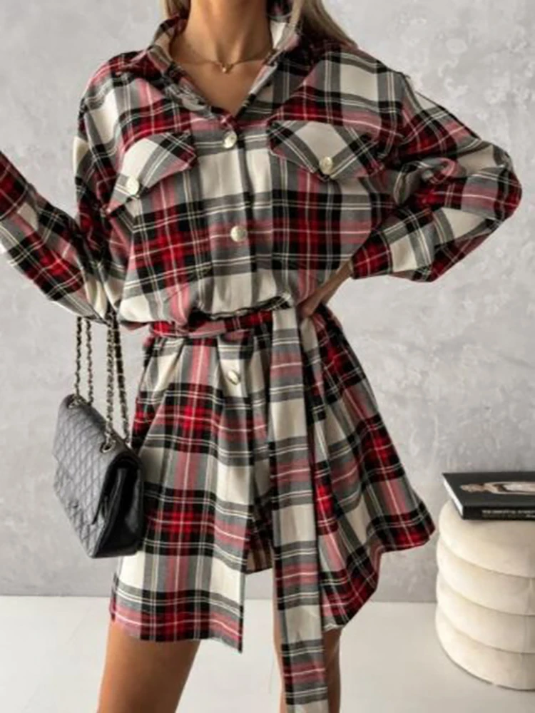 

Trendeez Casual Check Button A-Line Mini Shirt Dress