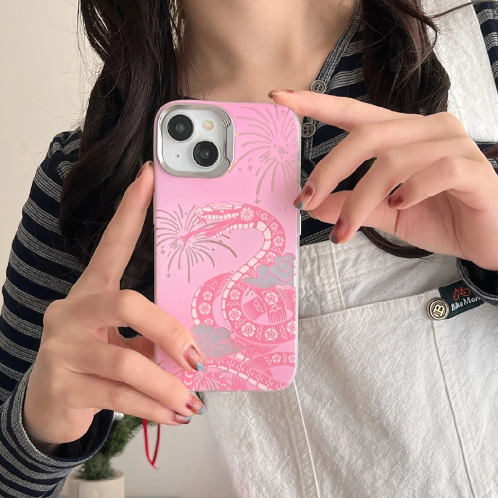 Chinese Style Pink Snake Fireworks Cloud Shockproof Protective Phone Cover Case for iPhone 16 15 14 13 12 Pro Max