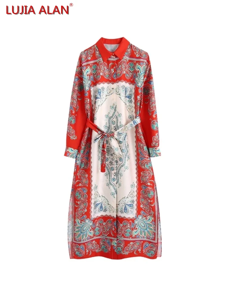 

Women Placement Print Satin Side Slit Shirt Dress Summer Female Nine Quarter Sleeve Midi Vestidos LUJIA ALAN D9371