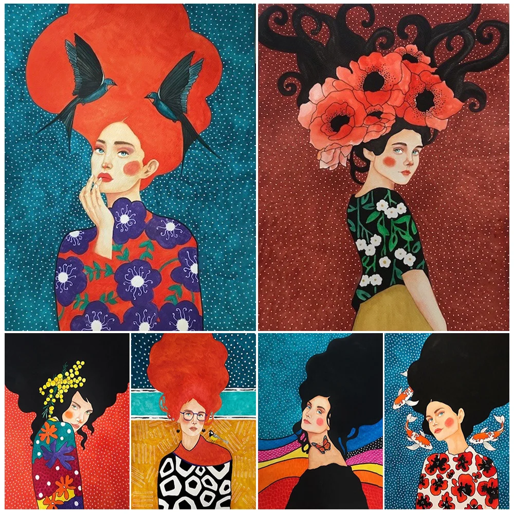 Современный постер с красочными волосами для девочек женщин цветов птиц