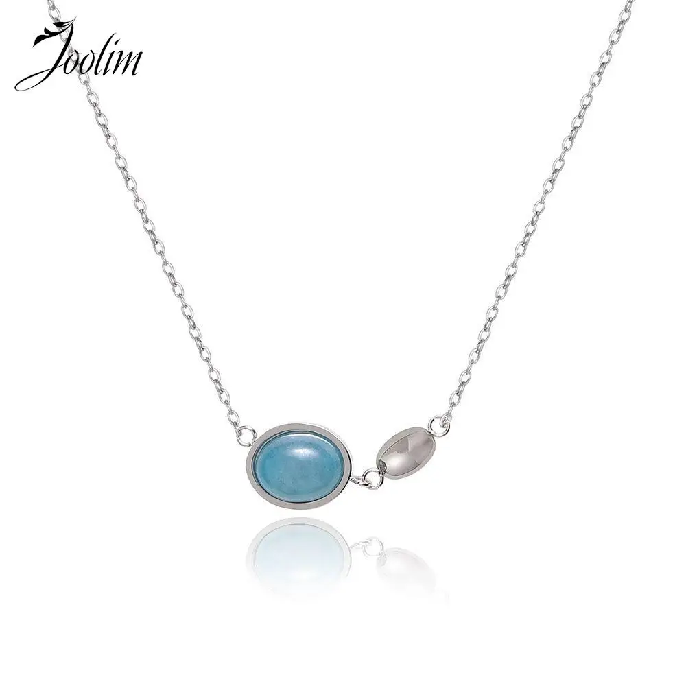 

Joolim Jewelry Wholesale Trendy Simple Small Round Bean Oval Blue Stone Pendant Sweater Chain Stainless Steel Necklace for Women