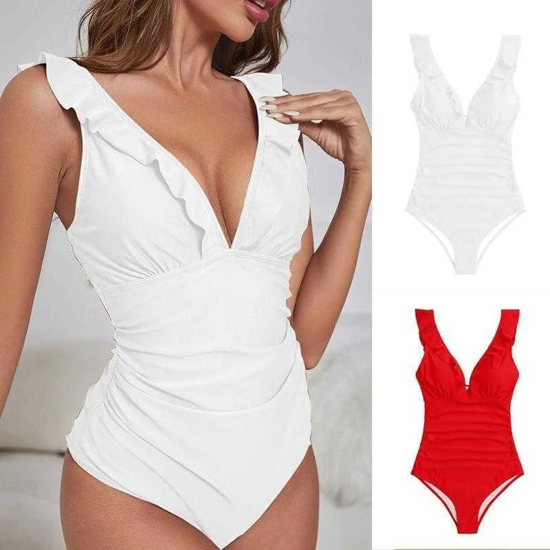 

Консервативный облегающий женский купальник, сексуальные весенние оборки с V-образным вырезом