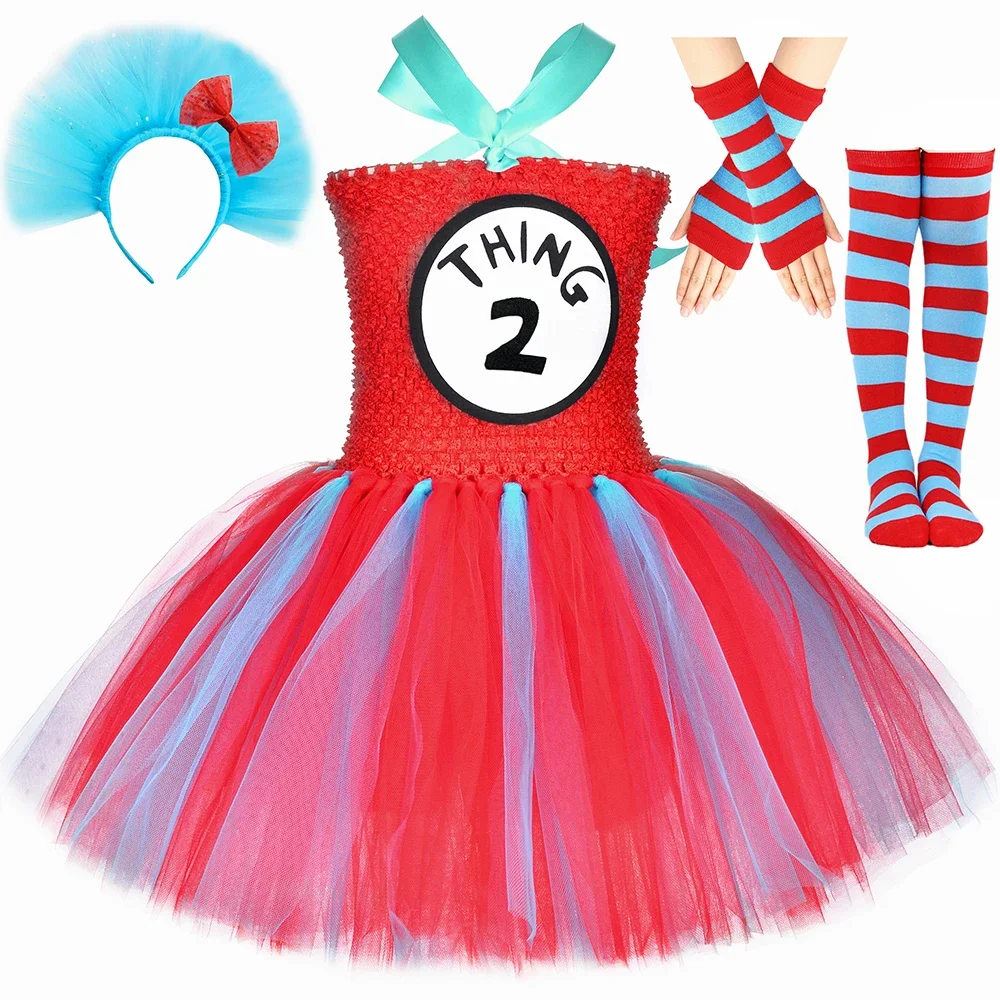 Фото Костюмы Thing 1 и Thing 2, синее, красное платье-пачка Dr Seuss, одежда для маленьких девочек, платье принцессы на Хэллоуин, день рождения, От 1 до 14 лет №5