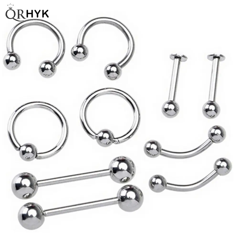 

10Pcs Mix Bar Ball Ring Spiking Surgical Stainless Steel Ear Eyebrow Lip Nose Tongue Piercing Set Jewelry For For Women Men