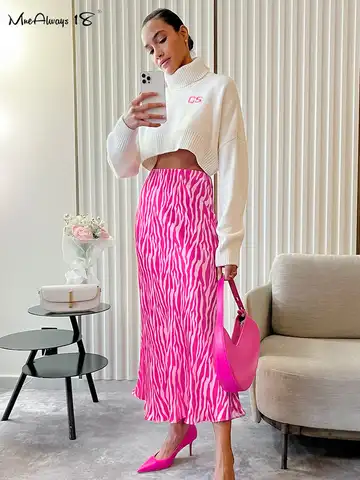 Mnealways18 Elegant Women Zebra Printing Skirts Women Pink High Waist A-Line Skrits Office Ladies Satin Flowing Midi Skirts 2023