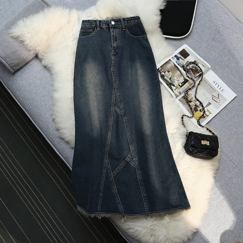 

2023 Summer New Women Denim Skirt High Waist Street Style Basic A-line Slit Tassels Ladies Long Skirt