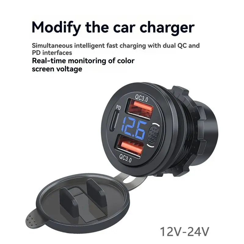 Фото USB-C розетка AB59 с вольтметром и сенсорным выключателем, 3 порта USB (QC3.0 и PD) для автомобиля, лодки, морского транспорта, грузовика, автодома №5