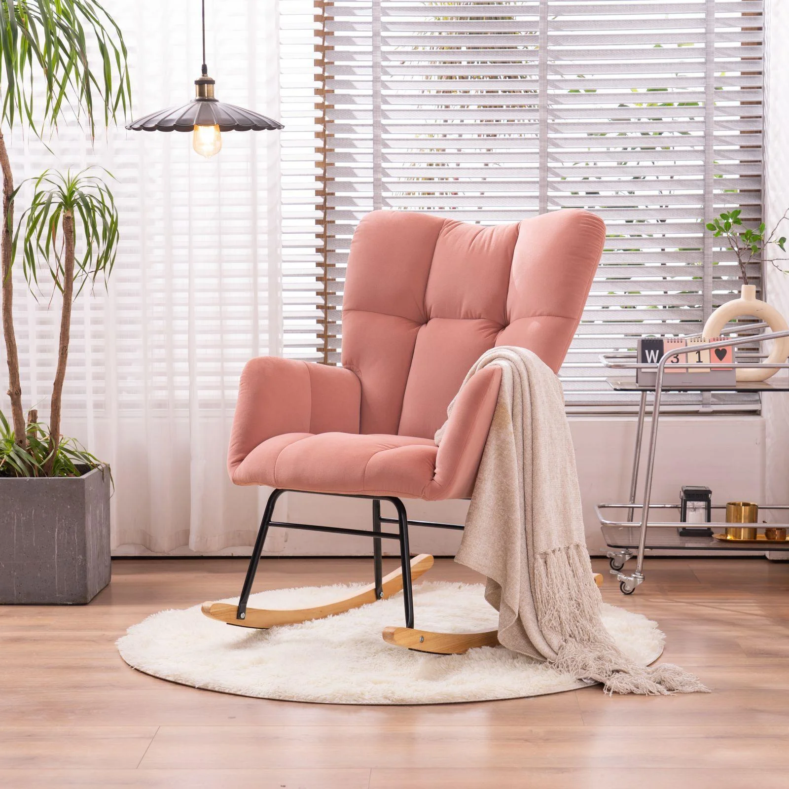 

Mid Century Modern Velvet Tufted Upholstered Rocking Chair Padded Seat for Living Room Bedroom, PINK