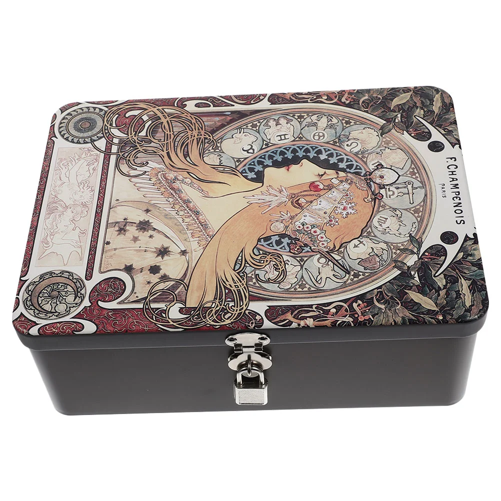 

Vintage Tinplate Storage Box Lockable Small Cash Storage Box Jewelry Case with Lock