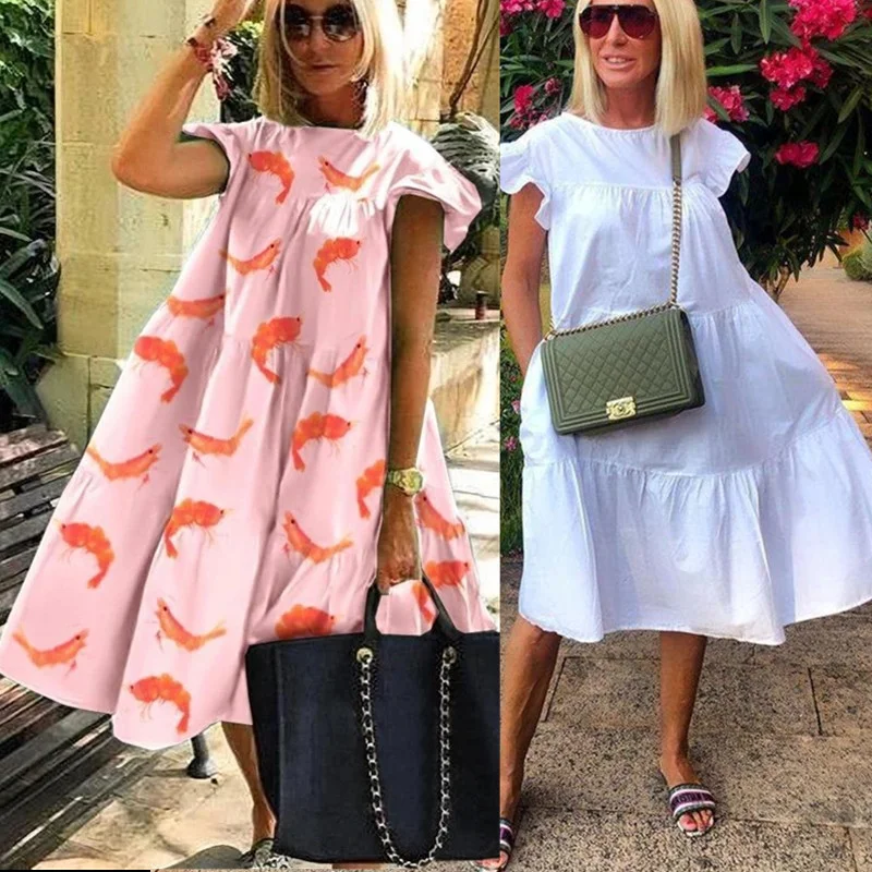 

Summer Casual Women White A-line dress 2023 Loose Korean Style Short Sleeve print Dresses Beach Cake Style Ladies Club Vestidos